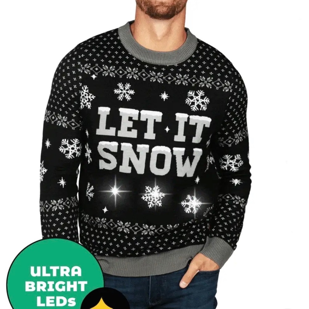 Tipsy Elves Mens Let It‎ Snow Light Up LED Ugly Christmas Sweater Black XXL